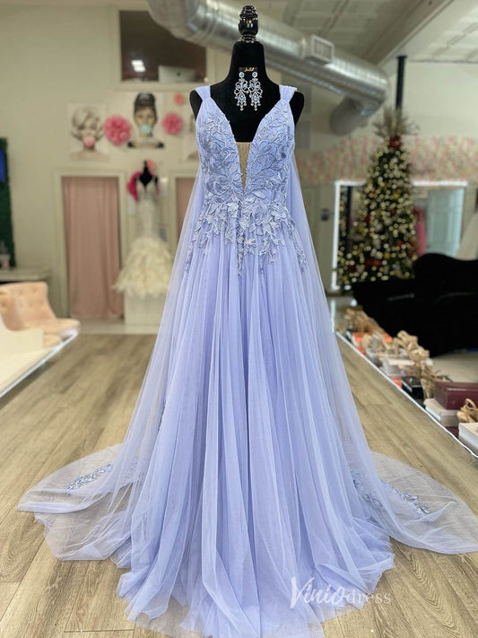 Lavender Lace Applique Prom Dresses Cape Sleeve Plunging V-Neck FD4026-prom dresses 2025 -Viniodress-Lavender-Custom Size-