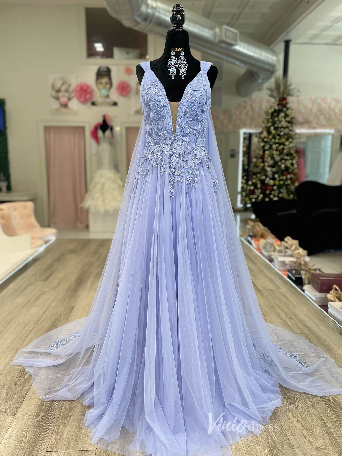 Lavender Lace Applique Prom Dresses Cape Sleeve Plunging V - Neck FD4026 - Viniodressprom dressesLavenderCustom Size - Formal Dresses - Ball Gowns