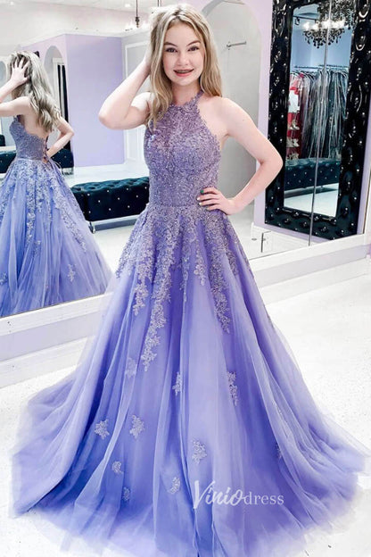 Lavender Lace Applique Prom Dresses Halter Neck Evening Dress FD3053-prom dresses 2025 -Viniodress-Lavender-Custom Size-