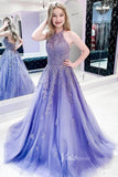 Prom Dress 2025 Lavender Lace Applique Prom Dresses Halter Neck Evening Dress FD3053-unique prom dresses-Lavender-Custom Size-Viniodress