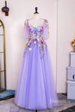 Lavender Lace Applique Prom Dresses Sheer Boned Bodice Half Sleeve FD4011