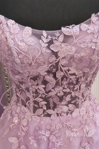 Lavender Lace Applique Prom Dresses Spaghetti Strap Sheer Bodice FD3980-prom dresses 2025 -Viniodress-Lavender-Custom Size-