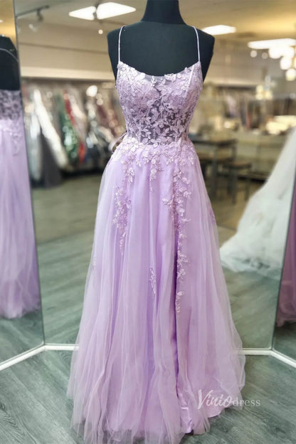 Lavender Lace Applique Prom Dresses Spaghetti Strap Sheer Bodice FD3980-prom dresses 2025 -Viniodress-Lavender-Custom Size-