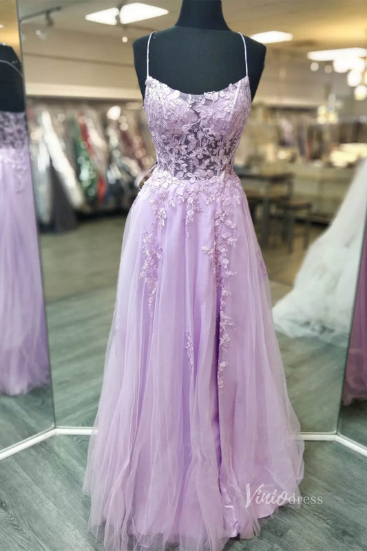 Lavender Lace Applique Prom Dresses Spaghetti Strap Sheer Bodice FD3980-prom dresses 2025 -Viniodress-Lavender-Custom Size-