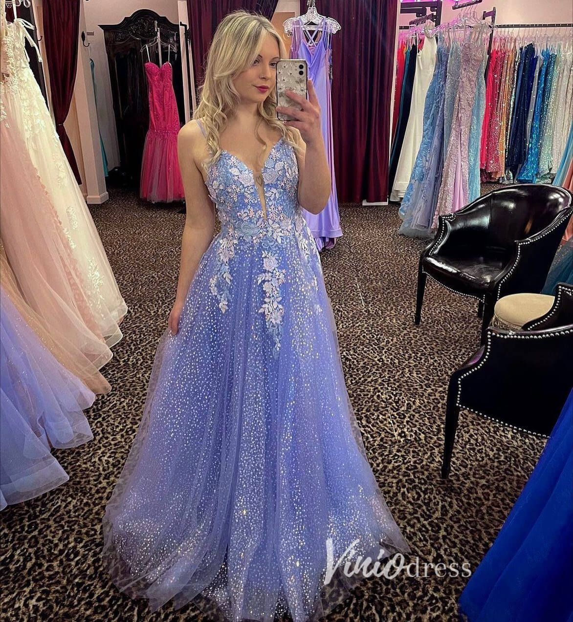 Prom Dress 2025 Lavender Lace Appliqued Prom Dresses Dotted Tulle Formal Gown FD3330-unique prom dresses-Lavender-Custom Size-Viniodress