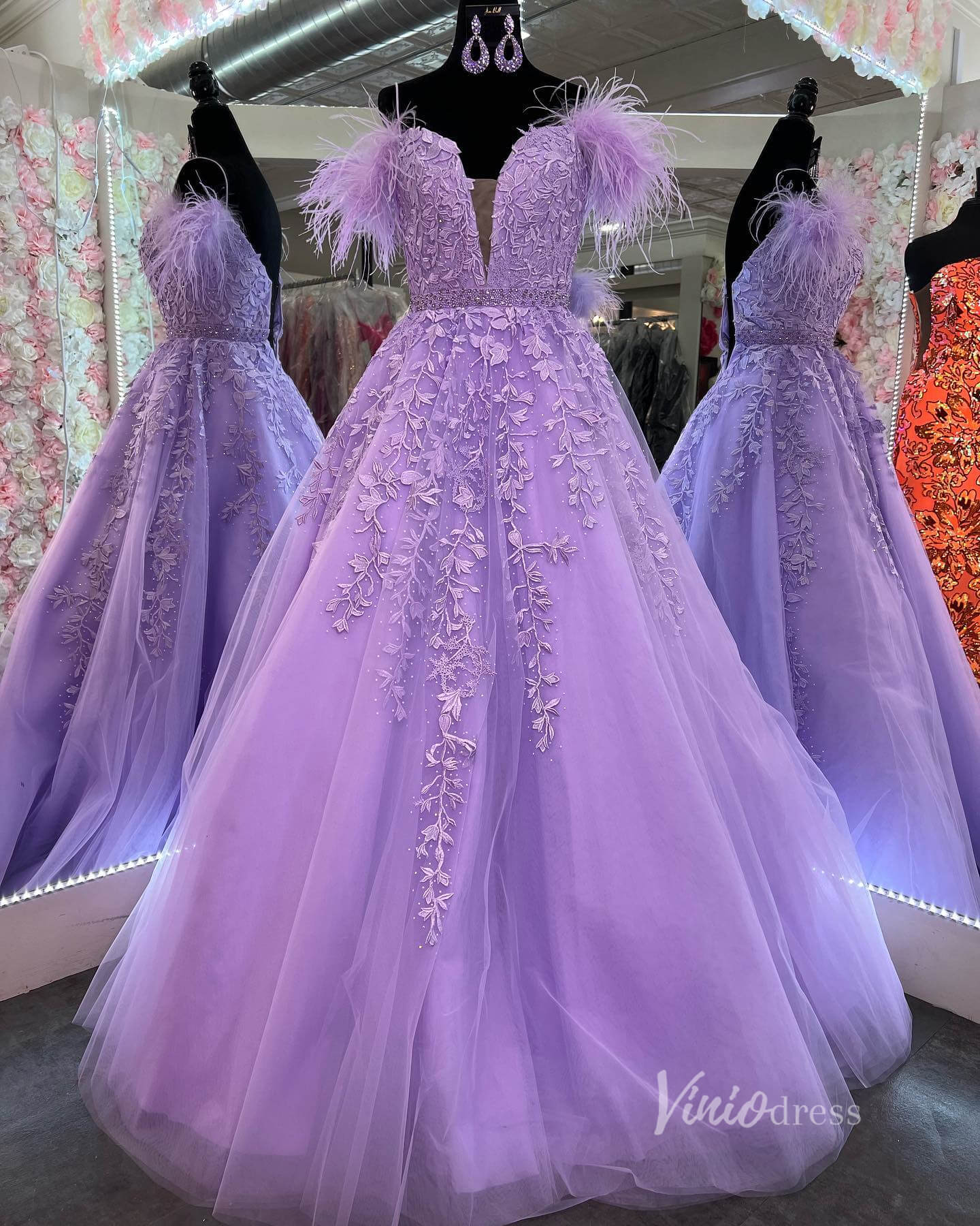 Lavender Lace Appliqued Prom Dresses Feather Off the Shoulder Ball Gown FD1265B-2-prom dresses 2025 -Viniodress-Lavender-Custom Size-