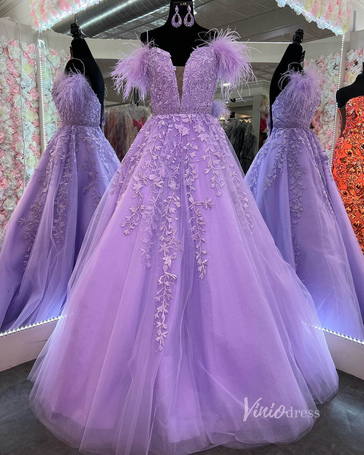 Lavender Lace Appliqued Prom Dresses Feather Off the Shoulder Ball Gown FD1265B-2-prom dresses-Viniodress-Viniodress