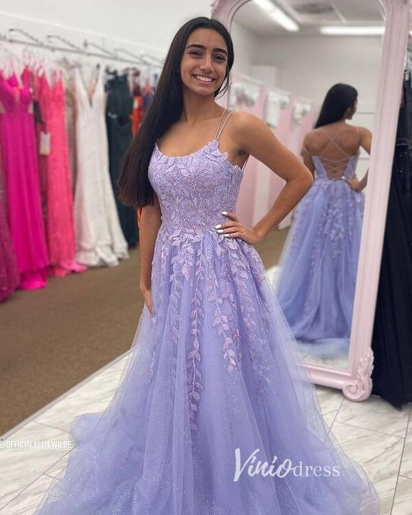 Prom Dress 2025 Lavender Lace Appliqued Prom Dresses Spaghetti Strap Evening Dress FD3401-unique prom dresses-Lavender-Custom Size-Viniodress