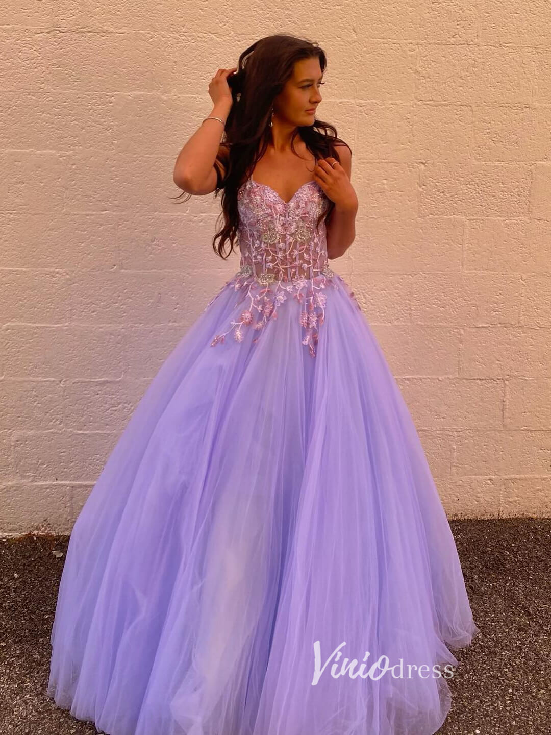 Lavender Lace Appliqued Prom Dresses Spaghetti Strap Formal Gown FD3335-prom dresses 2025 -Viniodress-Lavender-Custom Size-