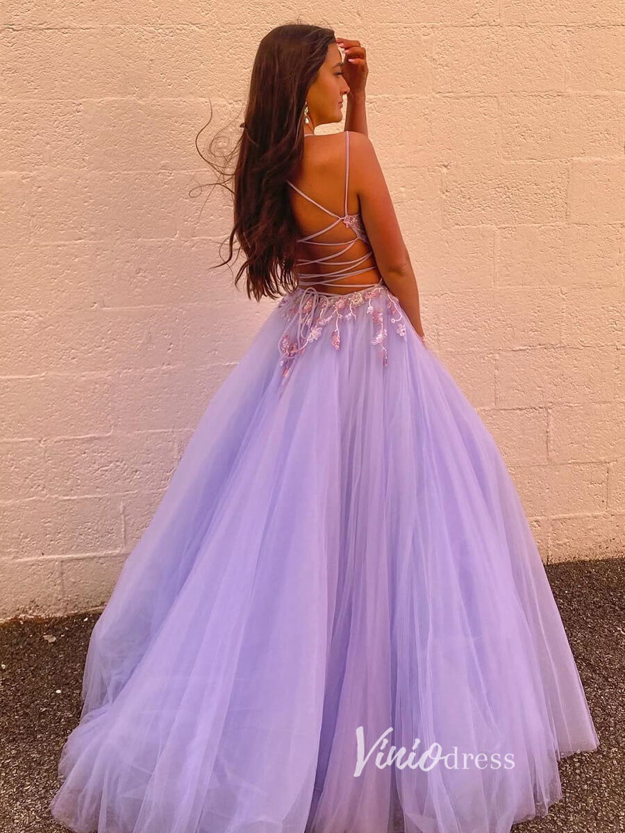 Prom Dress 2025 Lavender Lace Appliqued Prom Dresses Spaghetti Strap Formal Gown FD3335-unique prom dresses-Lavender-Custom Size-Viniodress