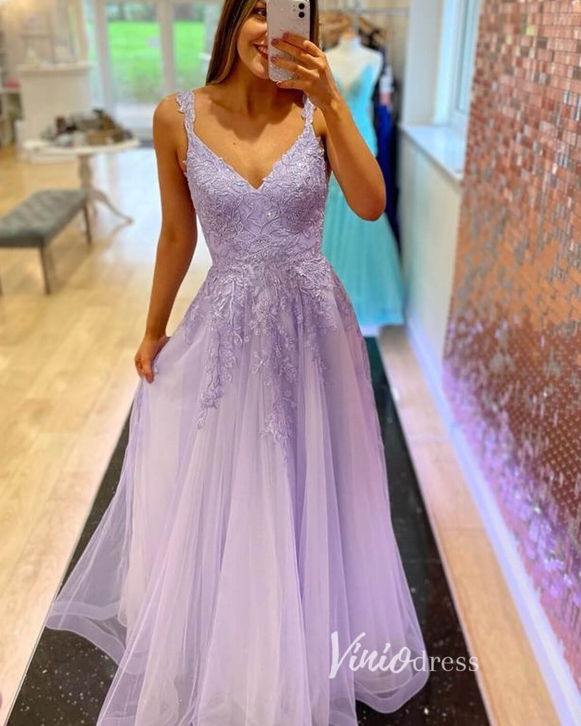 Prom Dress 2025 Lavender Lace Appliqued Prom Dresses Spaghetti Strap Formal Gown FD3353-unique prom dresses-Lavender-Custom Size-Viniodress