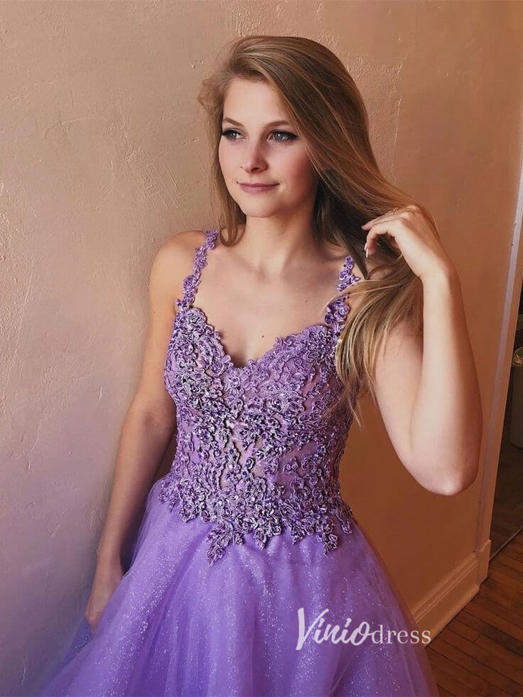 Prom Dress 2025 Lavender Lace Appliqued Prom Dresses Sparkly Tulle Formal Gown FD3322-unique prom dresses-Lavender-Custom Size-Viniodress