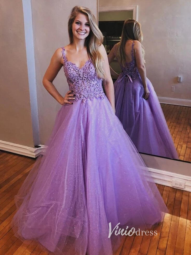 Prom Dress 2025 Lavender Lace Appliqued Prom Dresses Sparkly Tulle Formal Gown FD3322-unique prom dresses-Lavender-Custom Size-Viniodress