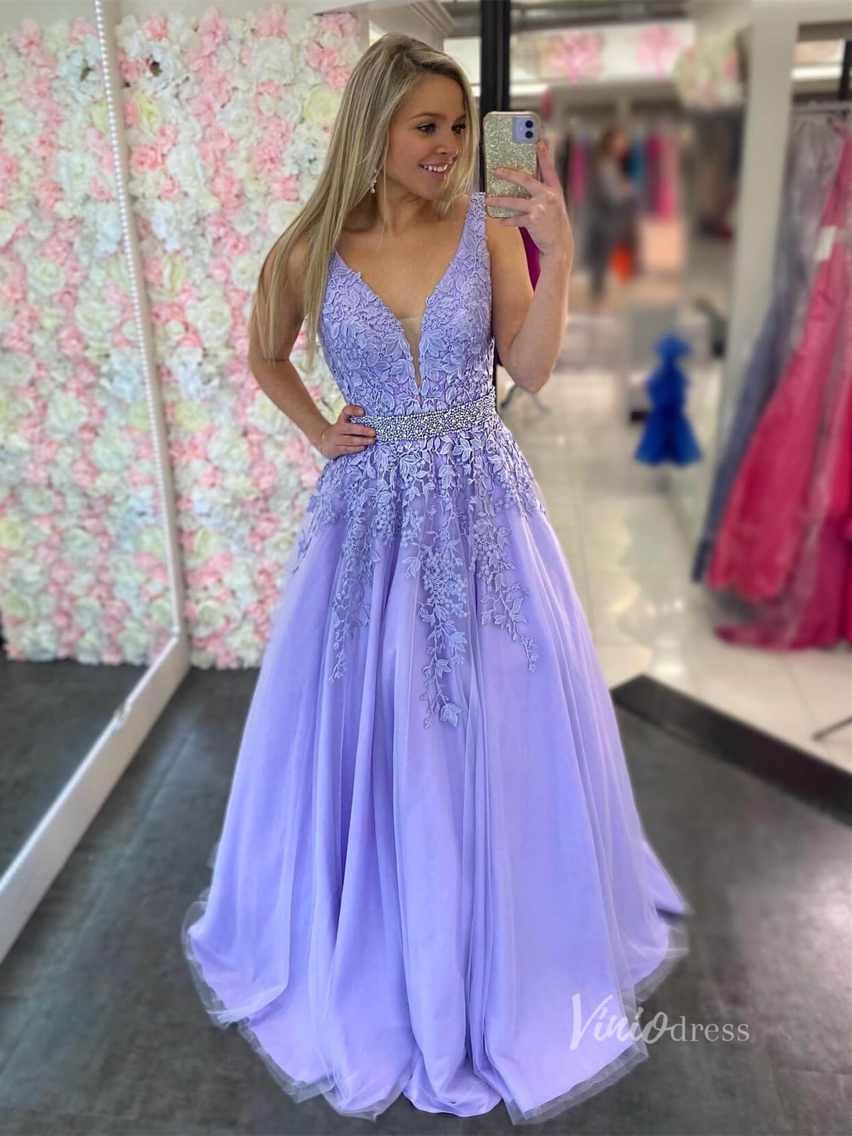 Prom Dress 2025 Lavender Lace Appliqued Prom Dresses V-neck, Beaded Waist FD1265E-unique prom dresses-Lavender-Custom Size-Viniodress