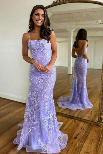 Lavender Lace Mermaid Prom Dresses 2025 with Spaghetti Strap & Lace Up Back – FD5082-prom dresses 2025 -Viniodress-Lavender-Custom Size-