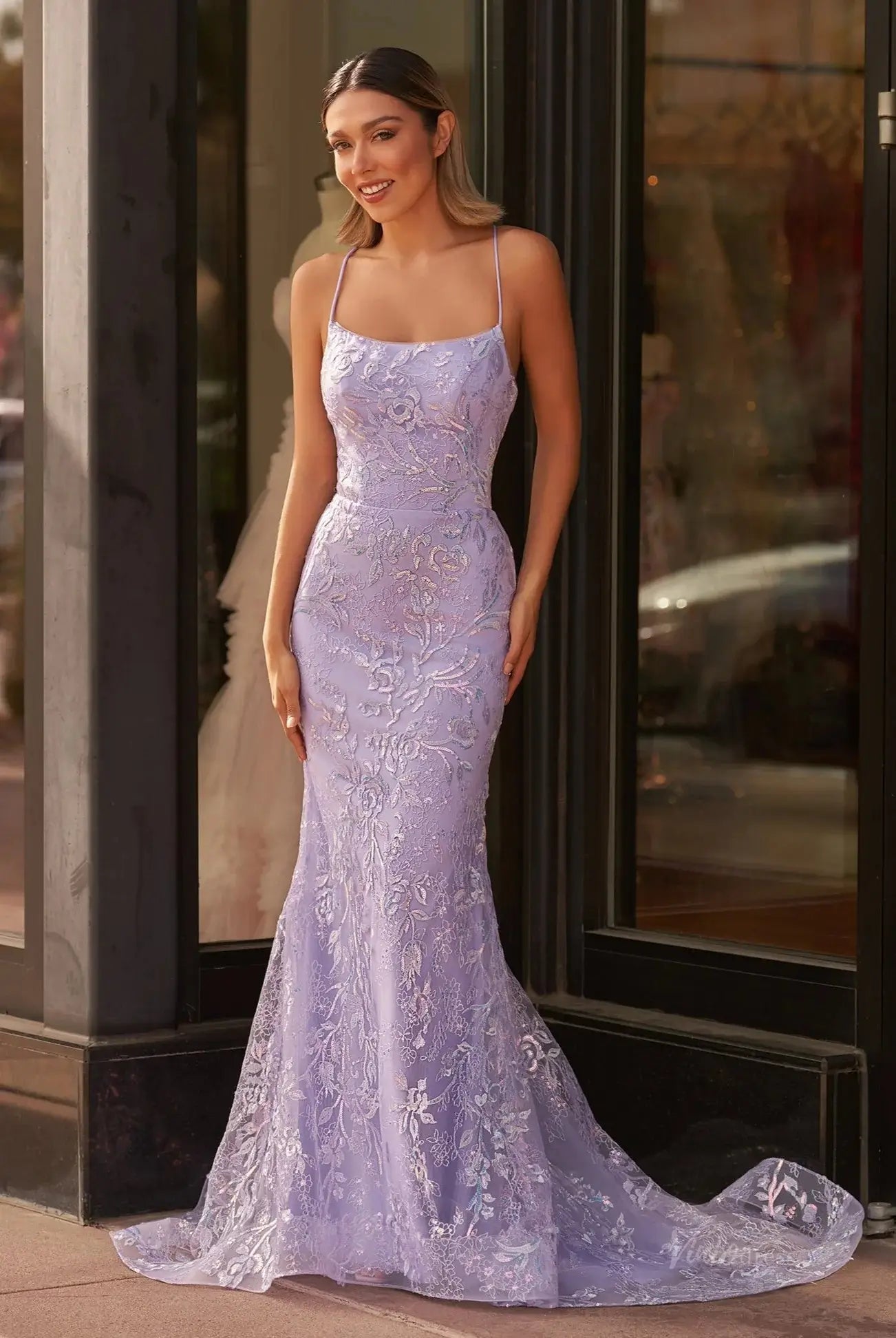 prom dresses 2025 Lavender Lace Mermaid Prom Dresses 2025 with Spaghetti Strap & Lace Up Back – FD5082-plus size wedding dresses Viniodress-Lavender-Custom Size-