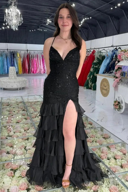 Lavender Lace Sheath Prom Dress with Spaghetti Straps, Tiered Bottom & V-Neck - FD5078B-prom dresses 2026-Viniodress-Black-Custom Size – Add Measurements in Cart-