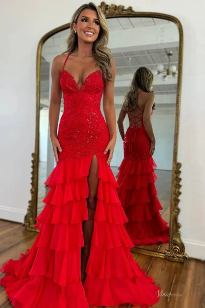 Lavender Lace Sheath Prom Dress with Spaghetti Straps, Tiered Bottom & V-Neck - FD5078B-prom dresses 2026-Viniodress-Red-Custom Size – Add Measurements in Cart-