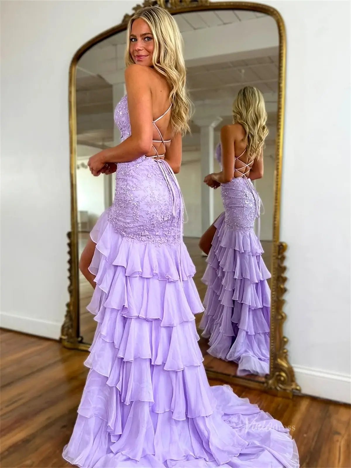 Lavender Lace Sheath Prom Dress with Spaghetti Straps, Tiered Bottom & V - Neck - FD5078B - Viniodressprom dressesLavenderCustom Size - Formal Dresses - Ball Gowns