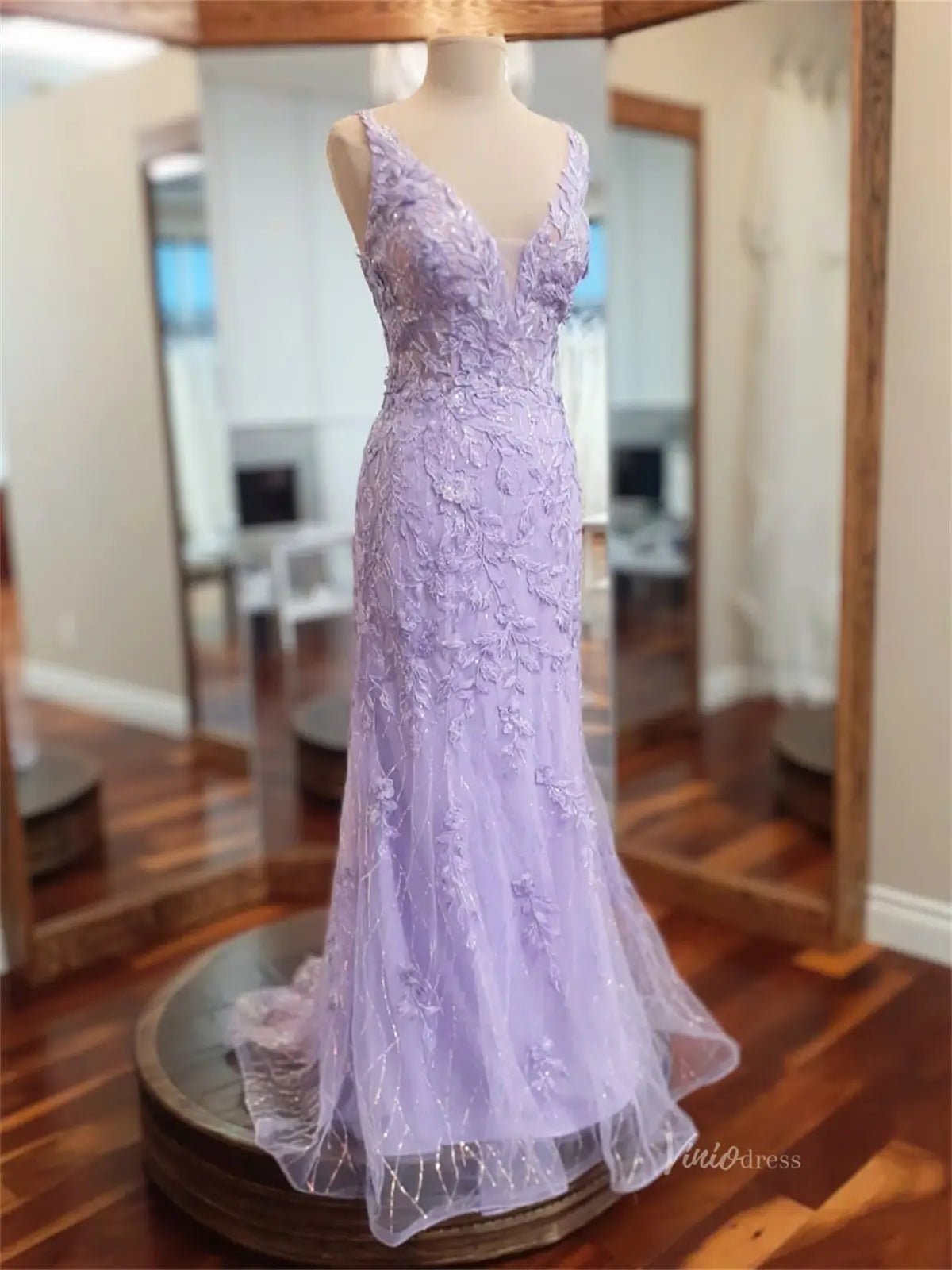 Lavender Lace Sheath Prom Dresses with Removable Overskirt & V-Neck - FD5167-prom dresses 2025 -Viniodress-Lavender-Custom Size-