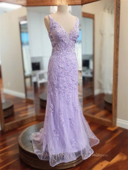 Lavender Lace Sheath Prom Dresses with Removable Overskirt & V-Neck - FD5167-prom dresses 2025 -Viniodress-Lavender-Custom Size-
