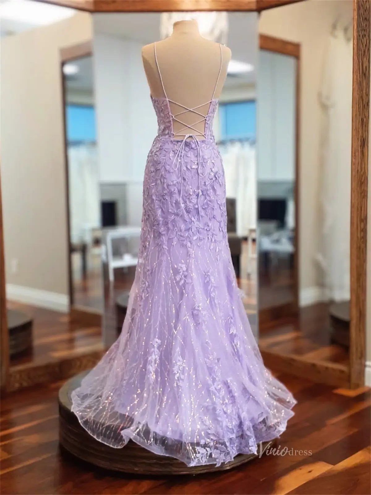 Lavender Lace Sheath Prom Dresses with Removable Overskirt & V-Neck