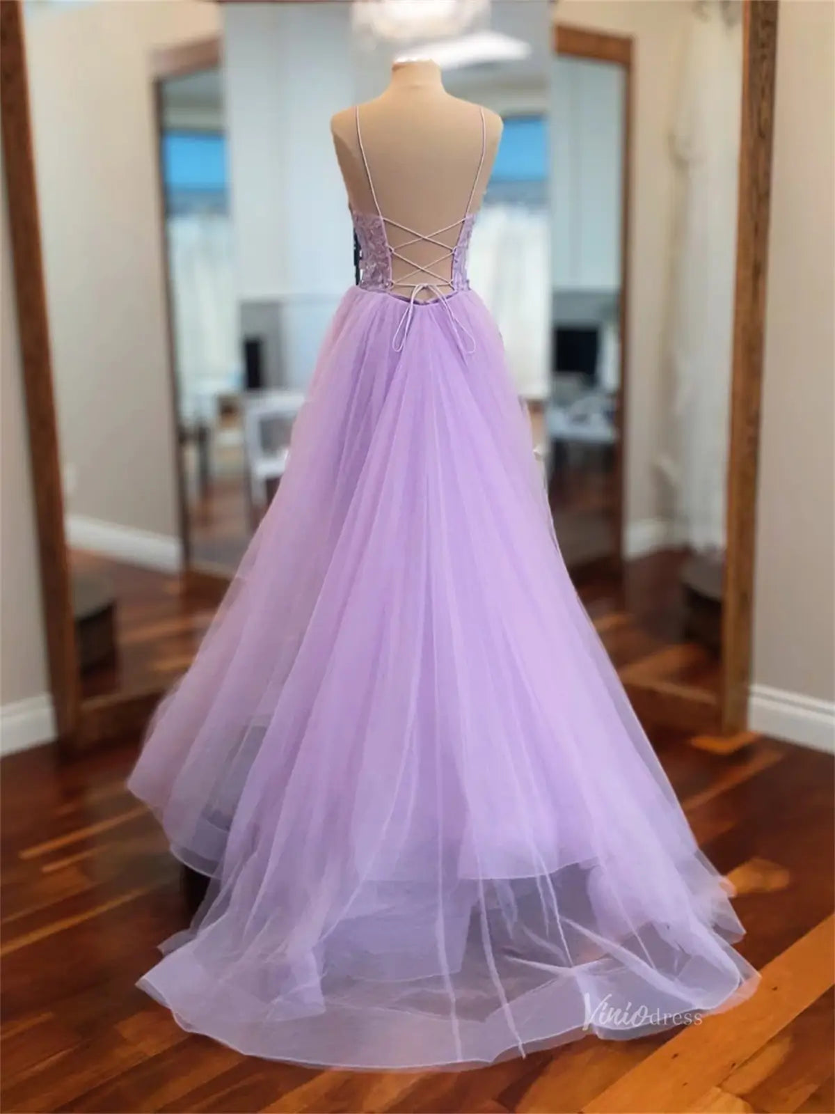 prom dresses 2025 Lavender Lace Sheath Prom Dresses with Removable Overskirt & V-Neck - FD5167-plus size wedding dresses Viniodress-Lavender-Custom Size-