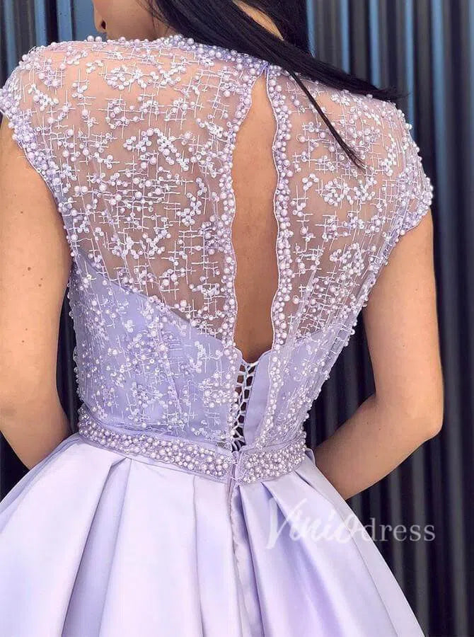Lavender Long Prom Dresses with Pockets Cap Sleeve Satin Formal Dress FD1397-prom dresses 2025 -Viniodress-Lilac-Custom Size-