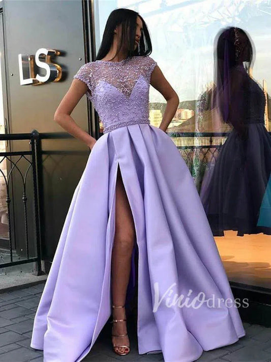 Lavender Long Prom Dresses with Pockets Cap Sleeve Satin Formal Dress FD1397-prom dresses 2025 -Viniodress-Lilac-Custom Size-