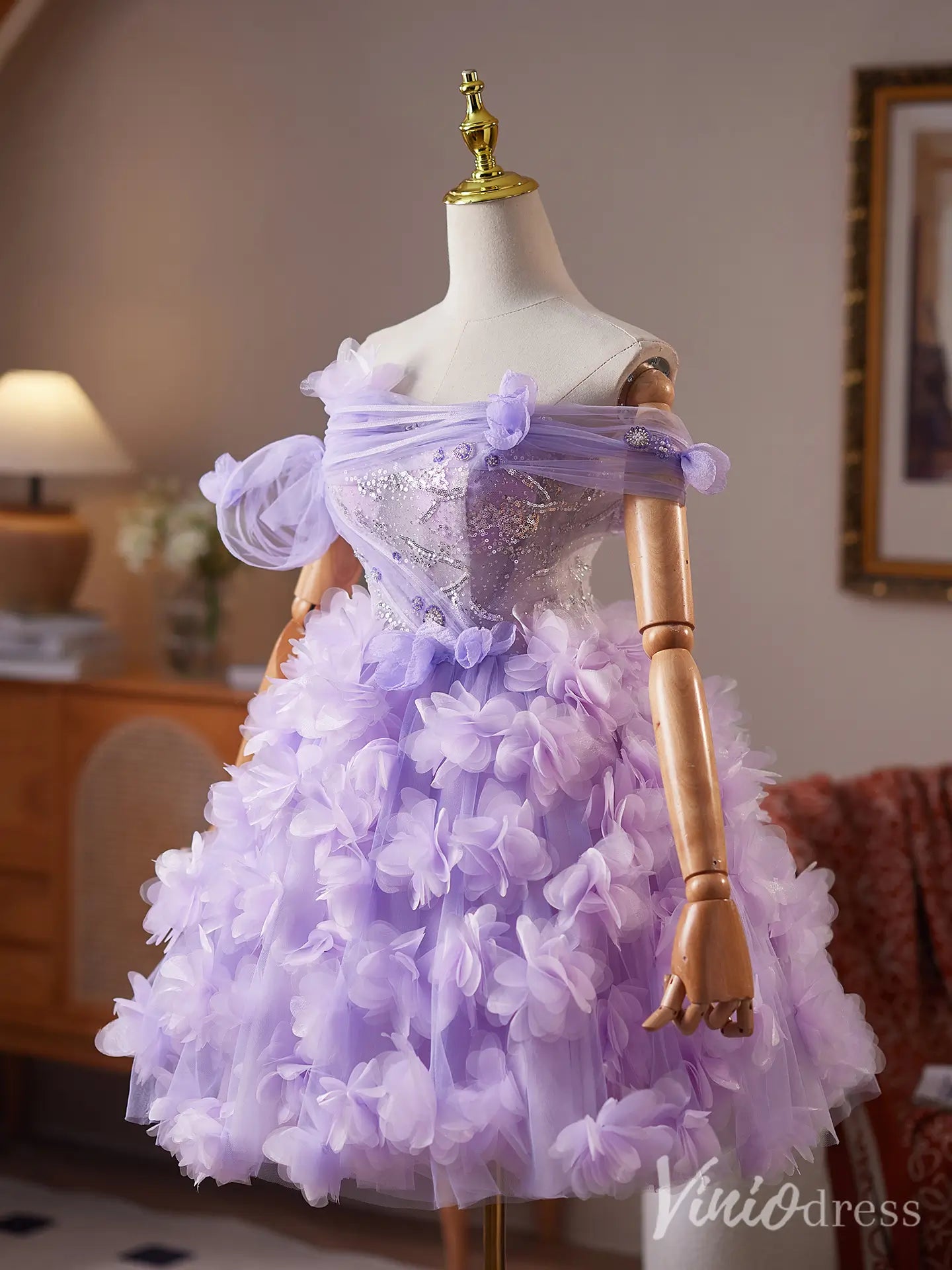 Lavender Off-Shoulder Homecoming Dress with Sparkly Corset Bodice and 3D Floral Tulle Skirt – BJ082-Homecoming Dresses 2025 -Viniodress-Lavender-Custom Size-