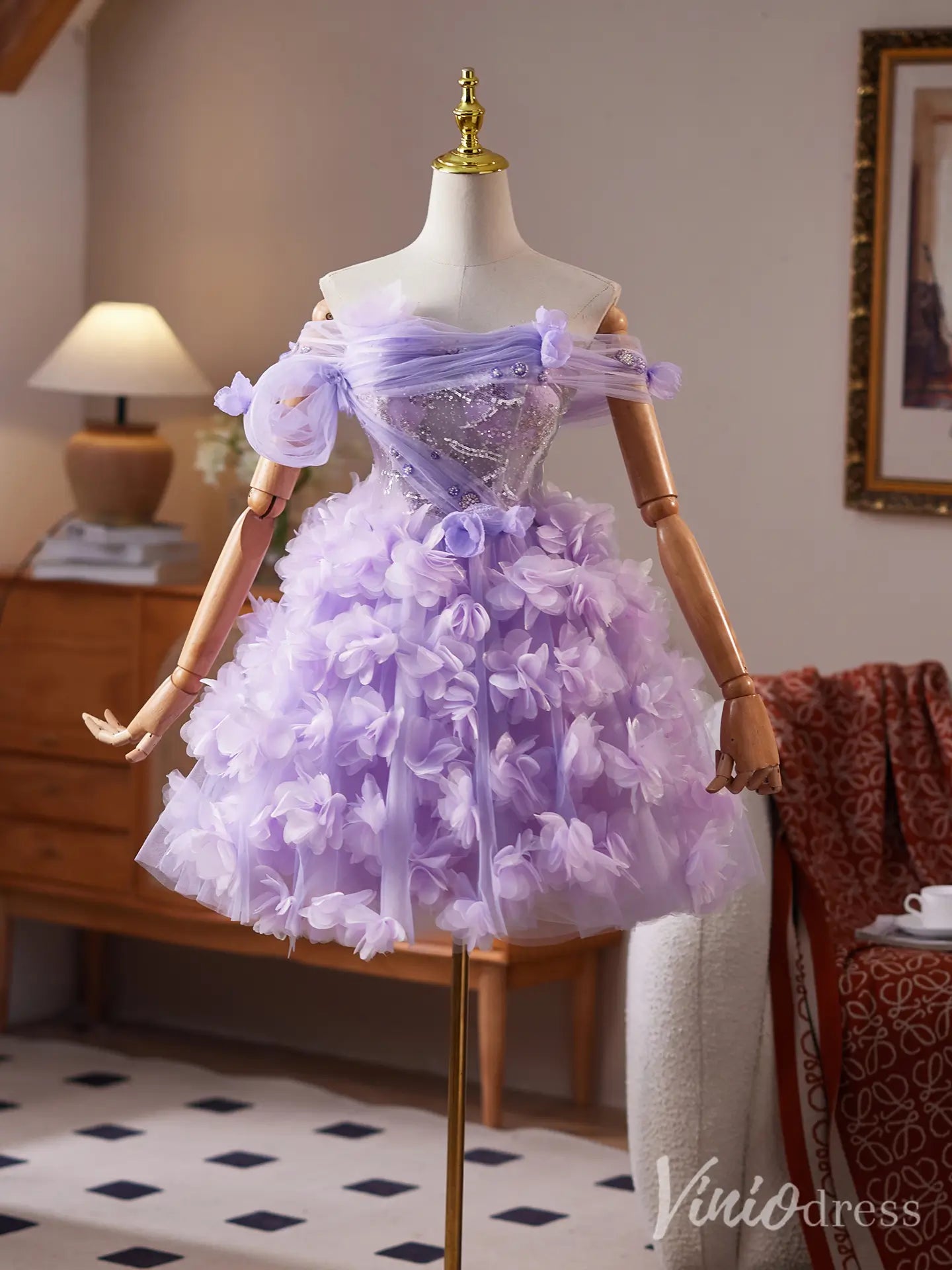 Lavender Off-Shoulder Homecoming Dress with Sparkly Corset Bodice and 3D Floral Tulle Skirt – BJ082-Homecoming Dresses 2025 -Viniodress-Lavender-Custom Size-