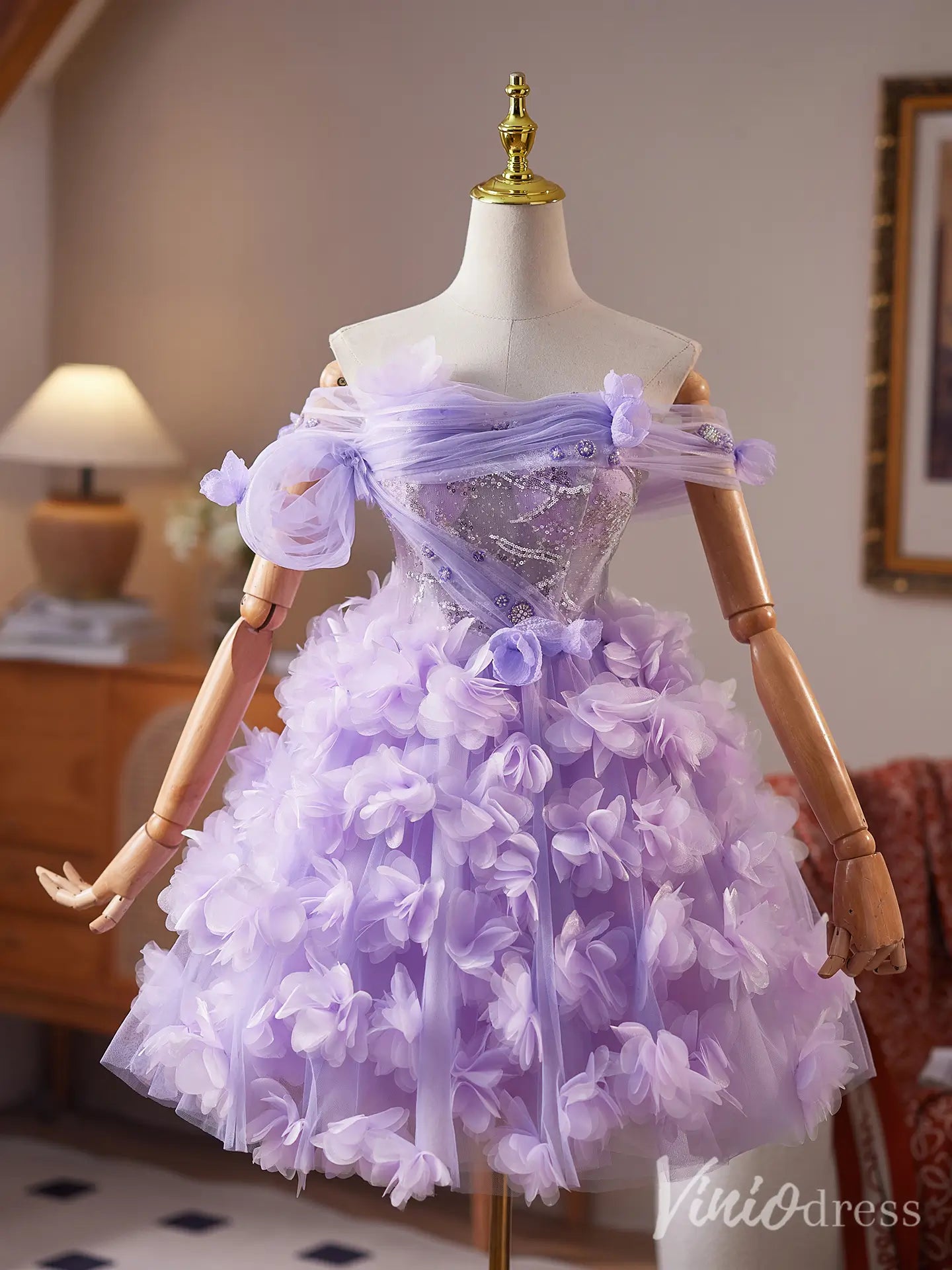 Lavender Off-Shoulder Homecoming Dress with Sparkly Corset Bodice and 3D Floral Tulle Skirt – BJ082-Homecoming Dresses 2025 -Viniodress-Lavender-Custom Size-