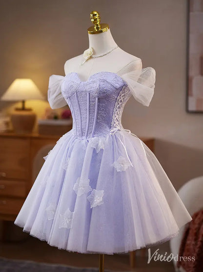 Lavender Off-Shoulder Lace Homecoming Dress with Floral Appliqués – BJ079-prom dresses 2025 -Viniodress-Lavender-Custom Size-