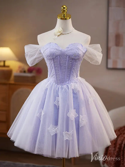 Lavender Off-Shoulder Lace Homecoming Dress with Floral Appliqués – BJ079-prom dresses 2025 -Viniodress-Lavender-Custom Size-