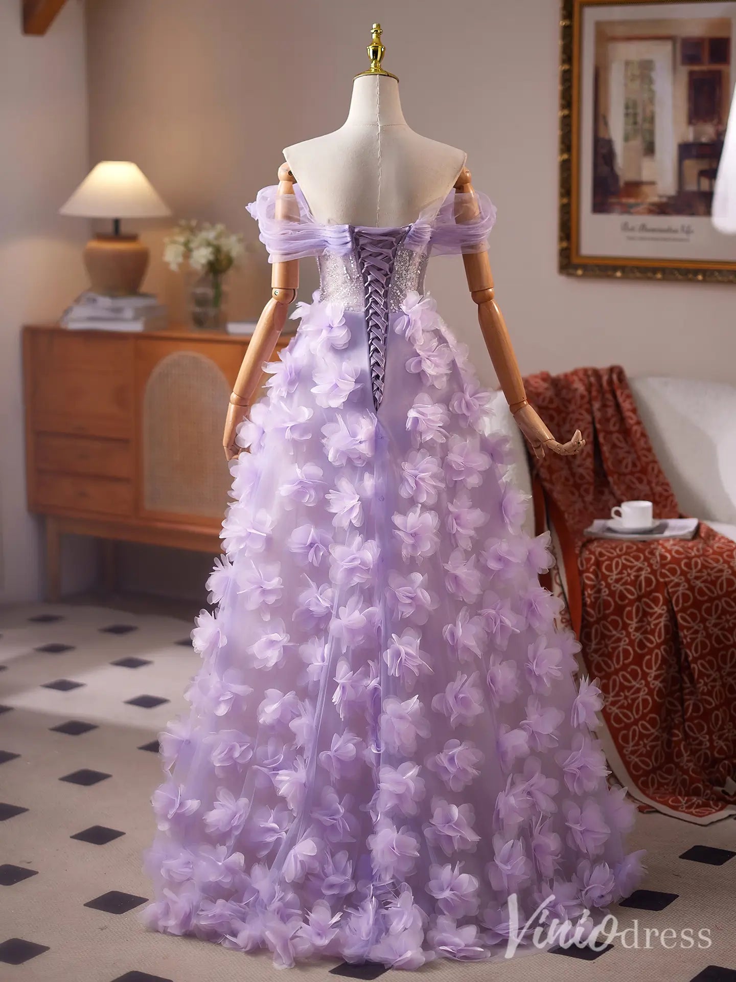 Lavender Off-Shoulder Prom Dress with Sparkly Corset Bodice and 3D Floral Tulle Skirt – BJ088-prom dresses 2025 -Viniodress-Lavender-Custom Size-