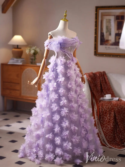 Lavender Off-Shoulder Prom Dress with Sparkly Corset Bodice and 3D Floral Tulle Skirt – BJ088-prom dresses 2025 -Viniodress-Lavender-Custom Size-