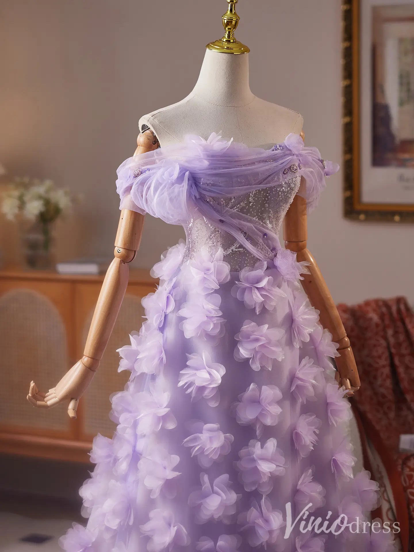 Lavender Off-Shoulder Prom Dress with Sparkly Corset Bodice and 3D Floral Tulle Skirt – BJ088-prom dresses 2025 -Viniodress-Lavender-Custom Size-