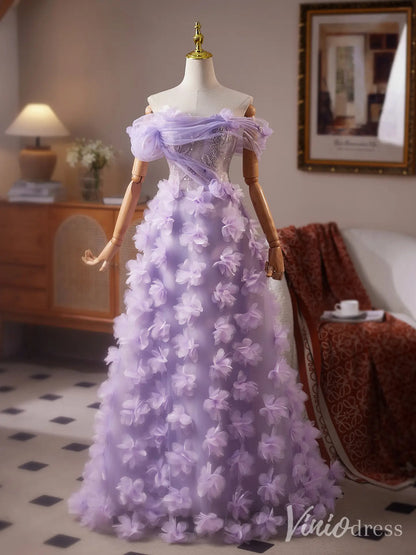 Lavender Off-Shoulder Prom Dress with Sparkly Corset Bodice and 3D Floral Tulle Skirt – BJ088-prom dresses 2025 -Viniodress-Lavender-Custom Size-