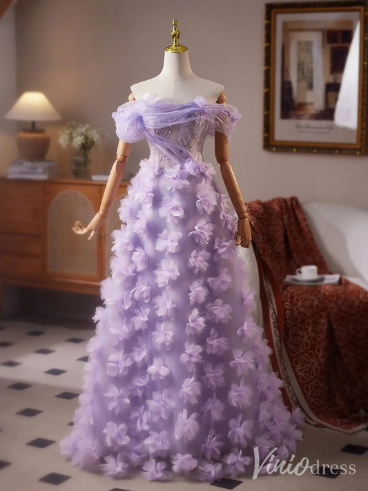 Lavender Off-Shoulder Prom Dress with Sparkly Corset Bodice and 3D Floral Tulle Skirt – BJ088-prom dresses 2025 -Viniodress-Lavender-Custom Size-