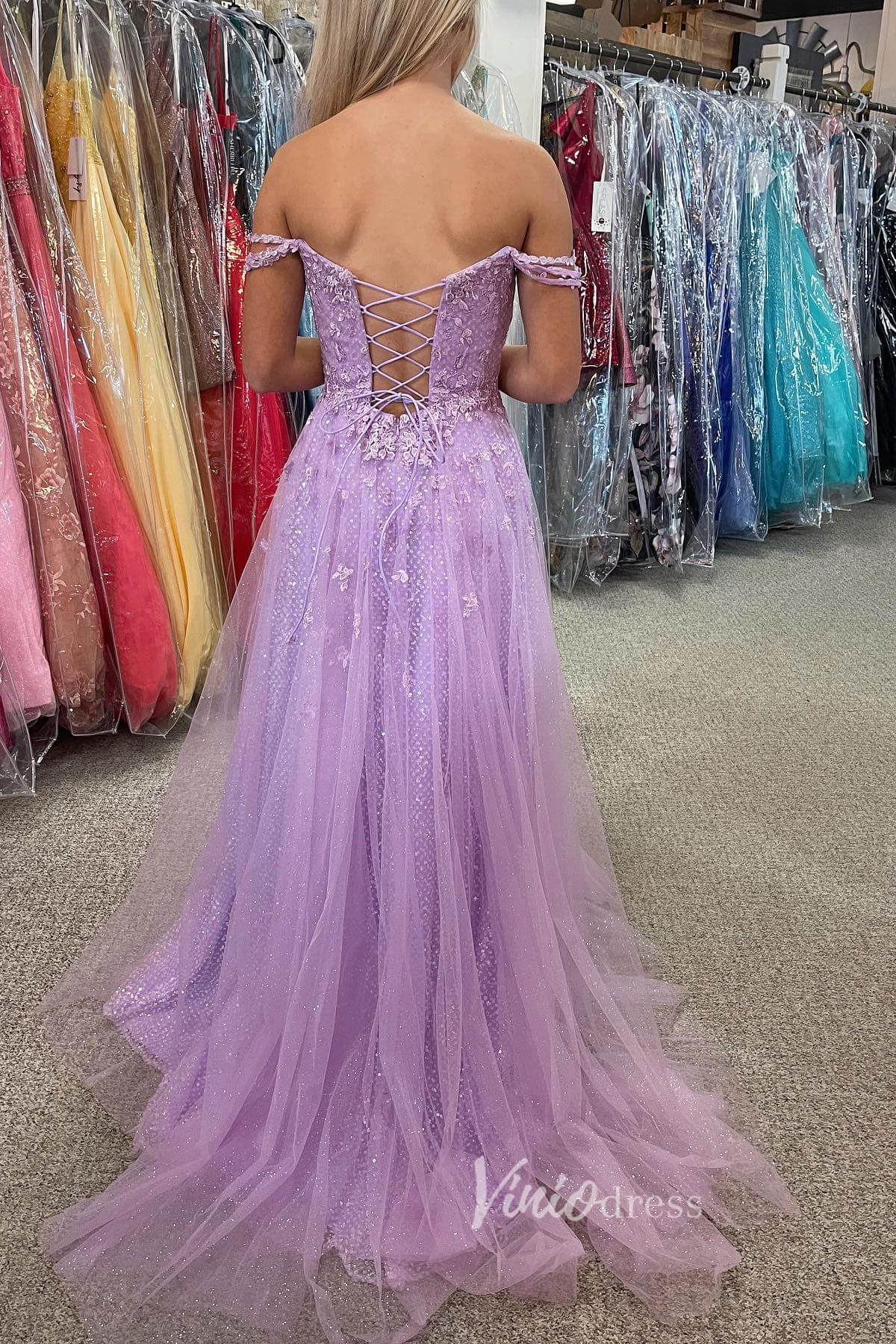 Lavender Off the Shoulder Lace Applique Prom Dress with Sequin Skirt and Slit FD3481 - Viniodressprom dressesLavenderCustom Size - Formal Dresses - Ball Gowns