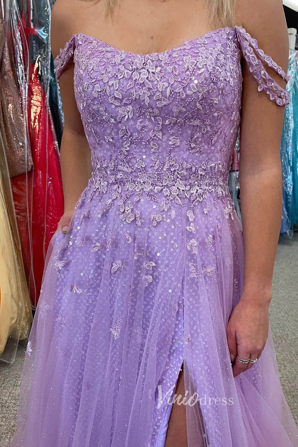 Lavender Off the Shoulder Lace Applique Prom Dress with Sequin Skirt and Slit FD3481 - Viniodressprom dressesLavenderCustom Size - Formal Dresses - Ball Gowns