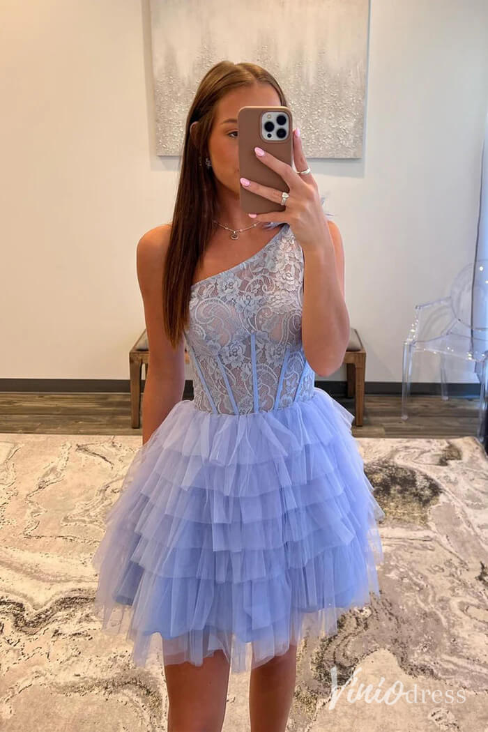 Lavender One Shoulder Ruffle Tiered Homecoming Dresses Lace Sheer Back to School Dress SD1647-Homecoming Dresses 2025 -Viniodress-Lavender-Custom Size-
