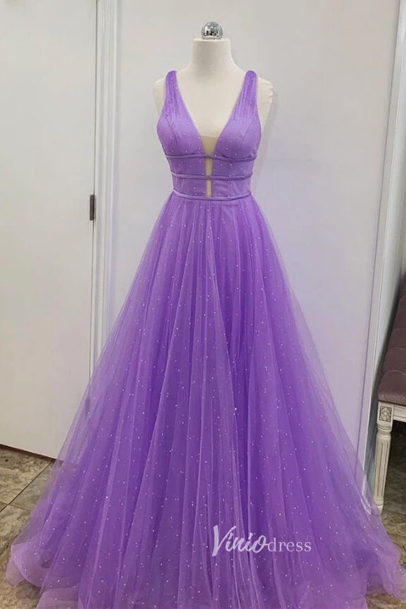 Lavender Pearl Prom Dresses V-neck Evening Dress FD3102-prom dresses 2025 -Viniodress-Lavender-Custom Size-