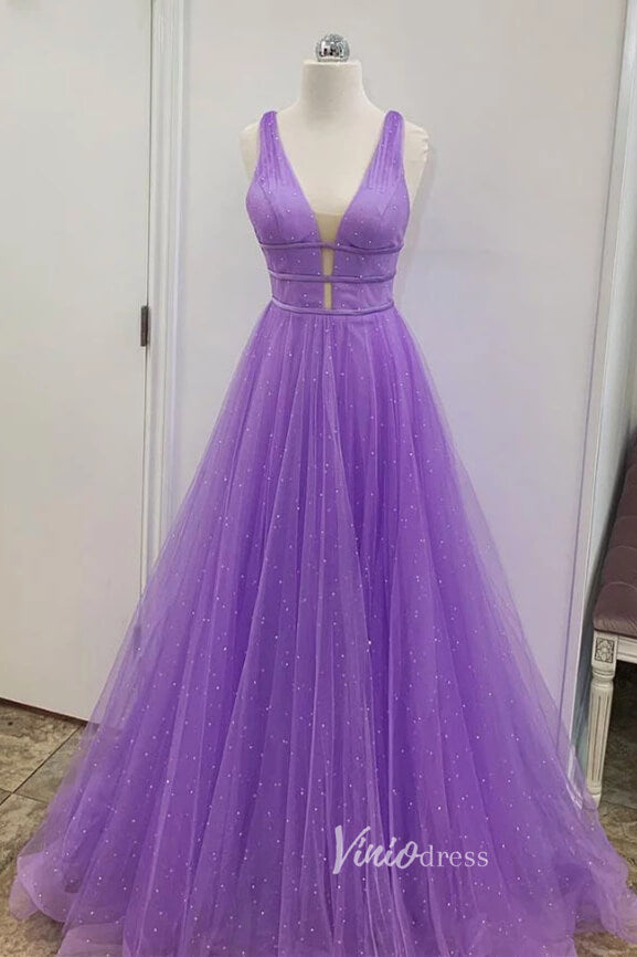 Prom Dress 2025 Lavender Pearl Prom Dresses V-neck Evening Dress FD3102-unique prom dresses-Lavender-Custom Size-Viniodress