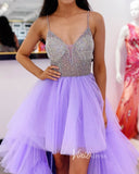 Lavender Prom Dresses 2024 Beaded Spaghetti Strap High-Low Ruffle Gowns FD3195-prom dresses-Viniodress-Viniodress