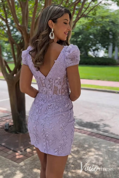 Lavender Puffed Sleeve Homecoming Dresses Lace Applique Bodycon Dress SD1669-Homecoming Dresses 2025 -Viniodress-Lavender-Custom Size-