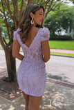 Lavender Puffed Sleeve Homecoming Dresses Lace Applique Bodycon Dress SD1669-Homecoming Dresses-Viniodress-Viniodress