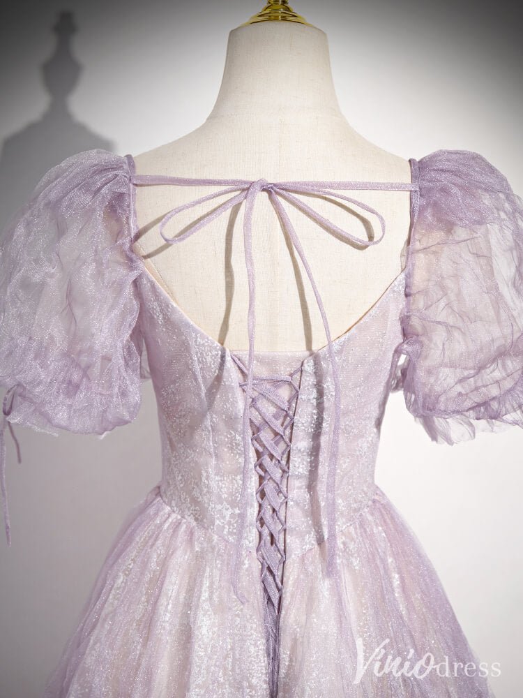 Lavender Puffed Sleeve Prom Dresses Pleated Tulle Beaded Lace Formal Dress AD1340-prom dresses 2025 -Viniodress-Lavender-Custom Size-