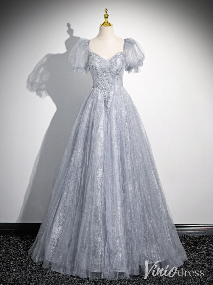 Lavender Puffed Sleeve Prom Dresses Pleated Tulle Beaded Lace Formal Dress AD1340-prom dresses 2025 -Viniodress-Silver-Custom Size-