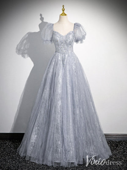 Lavender Puffed Sleeve Prom Dresses Pleated Tulle Beaded Lace Formal Dress AD1340-prom dresses 2025 -Viniodress-Silver-Custom Size-